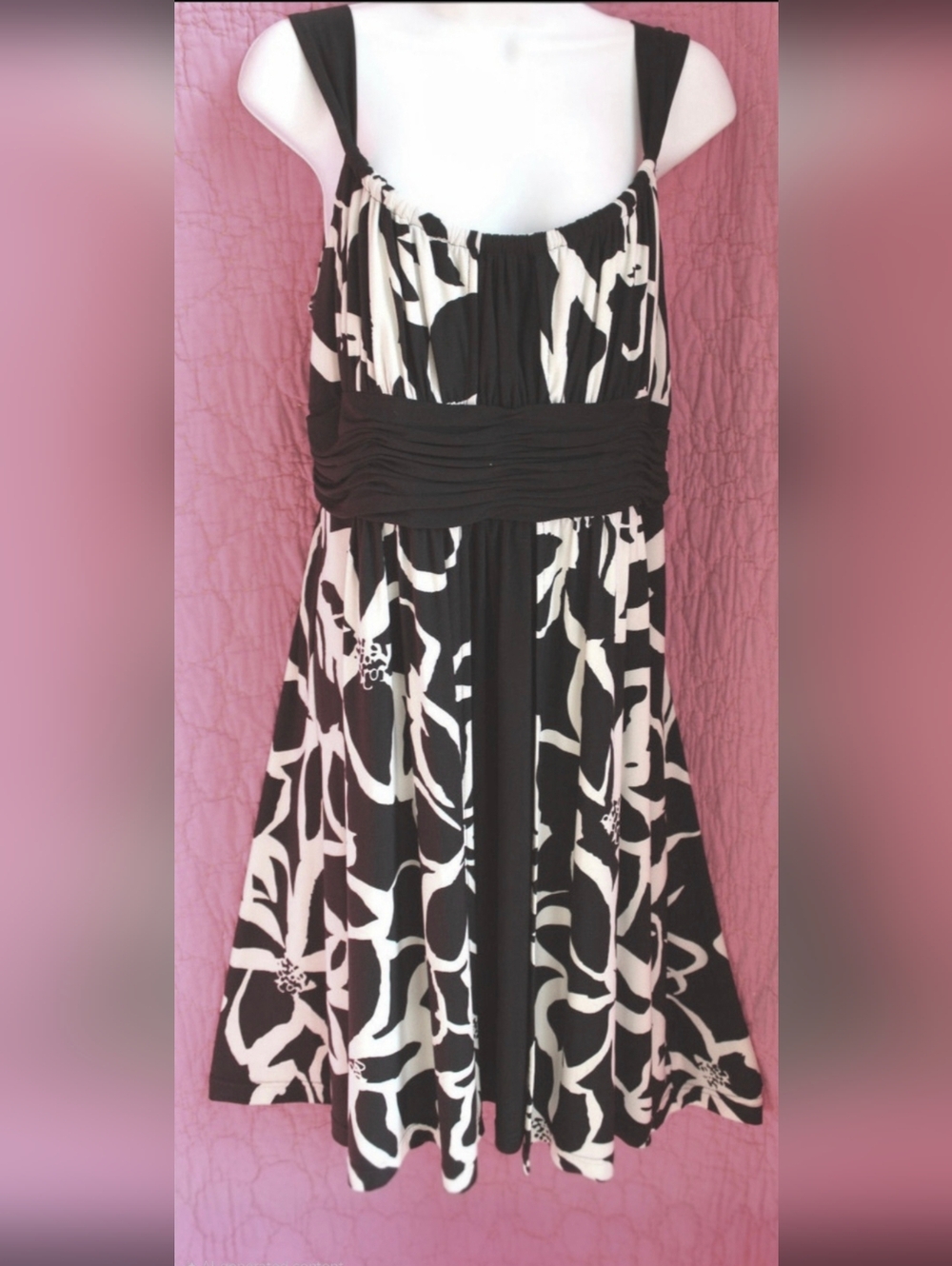 Jones Studio Black and White Floral Strapless Maxi Dress with Ruched Waist